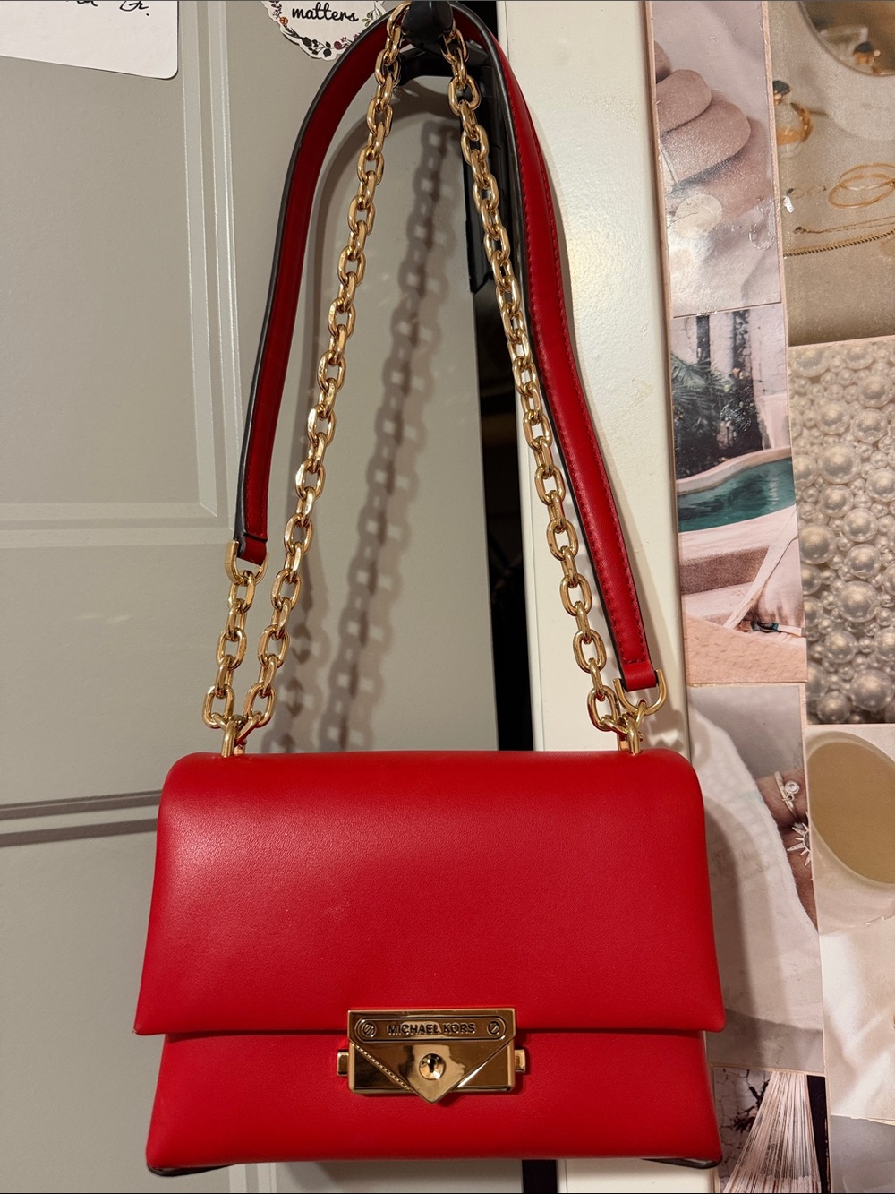 Michael Kors Red Leather Shoulder Bag with Gold Chain Strap